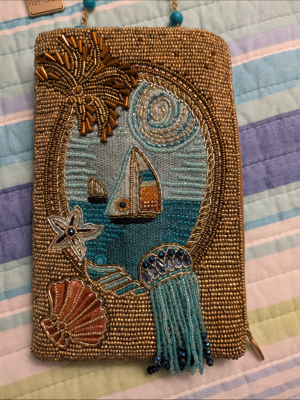 Mary Frances Hand Beaded From India Teal-Lined Gold-Zip  Pouch For Phone